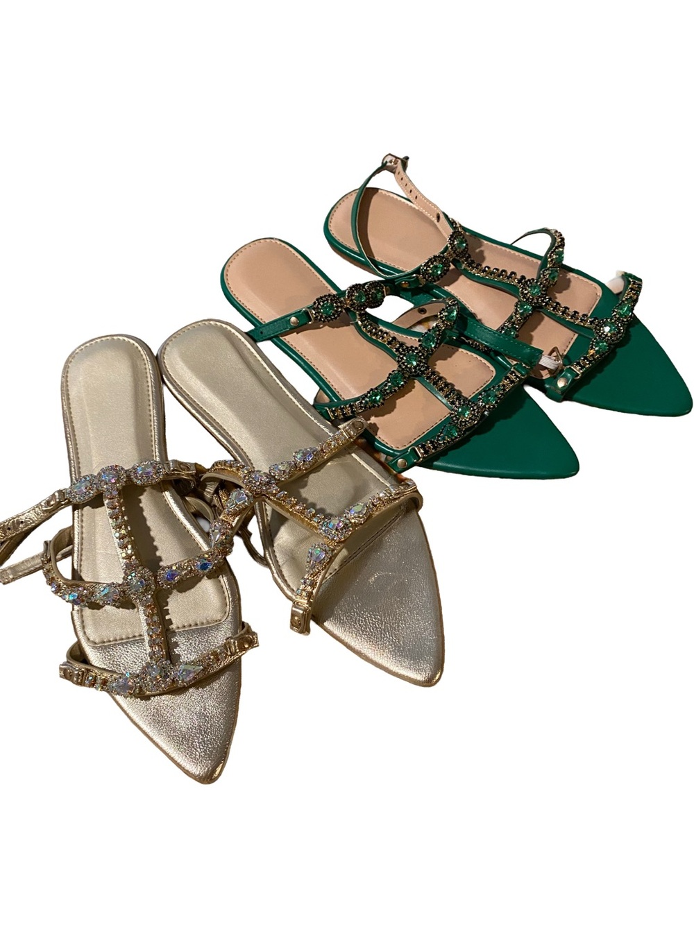 Two pairs - Crystal-Strap Pointed Toe Flat Sandals in Green and Gold